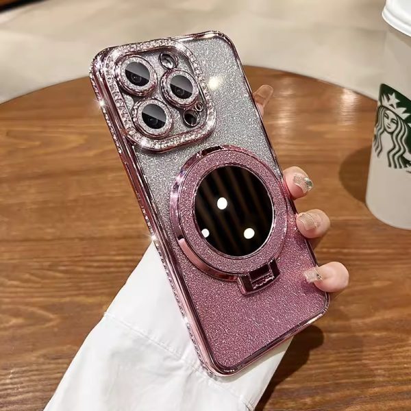 Makeup mirror holder 16E suitable for iPhone 16 Pro phone case 14 glitter magnetic edge diamond Apple 15 protective cover - Image 3