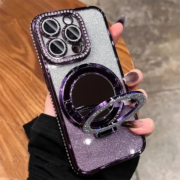 Makeup mirror holder 16E suitable for iPhone 16 Pro phone case 14 glitter magnetic edge diamond Apple 15 protective cover - Image 5