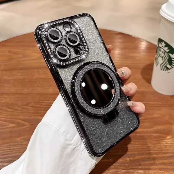 Makeup mirror holder 16E suitable for iPhone 16 Pro phone case 14 glitter magnetic edge diamond Apple 15 protective cover - Image 2